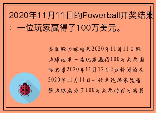 2020年11月11日的Powerball开奖结果：一位玩家赢得了100万美元。